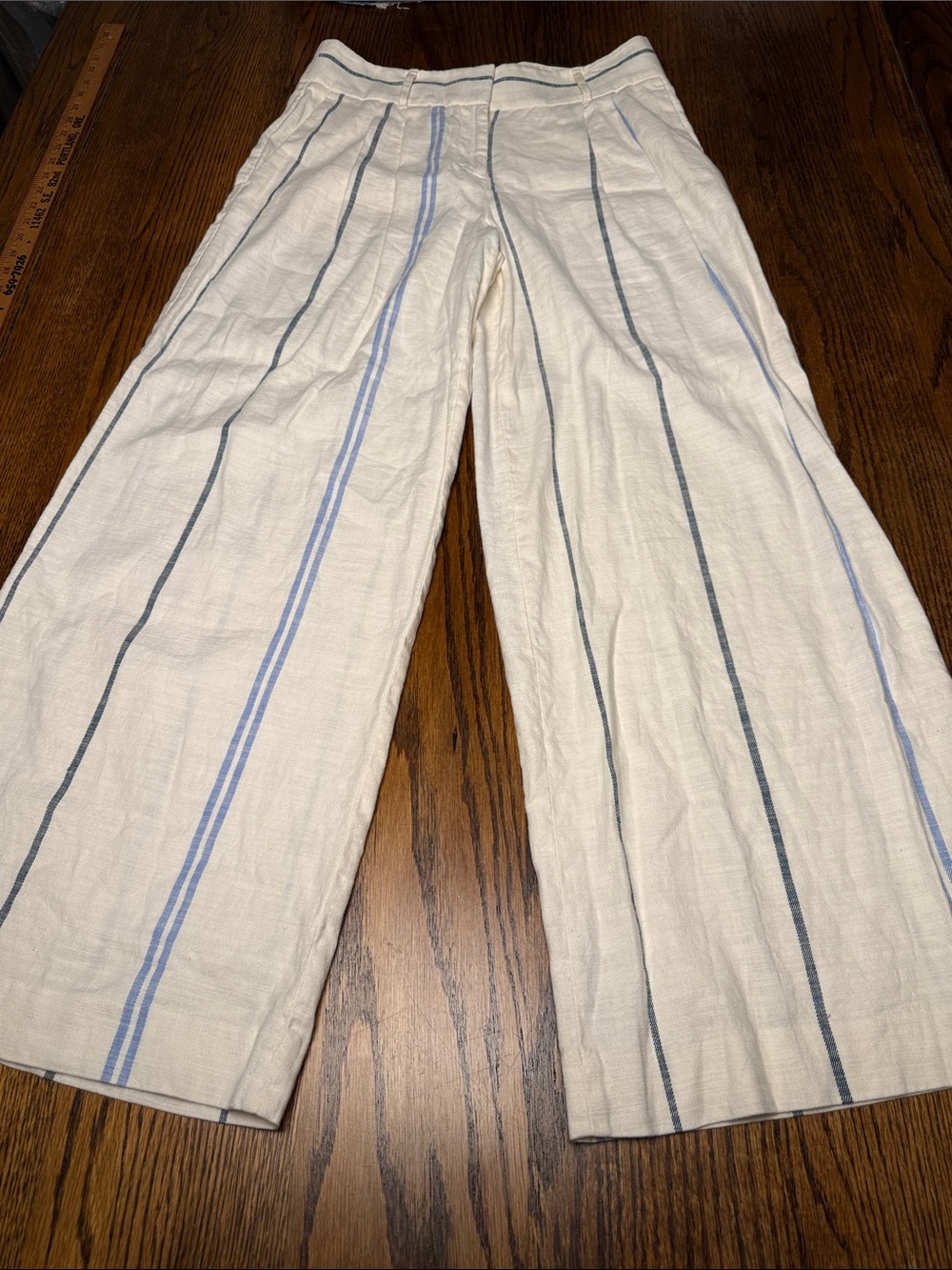 Wide Leg Linen Pants Ann Taylor Size 8 Blue Stripe Pleated High Rise